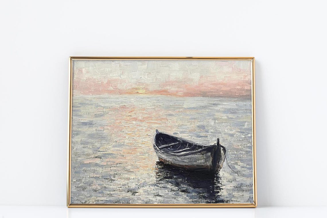 Lone Boat Calm Sea Pastel Dawn Impressionist Seascape Poster - Image 3