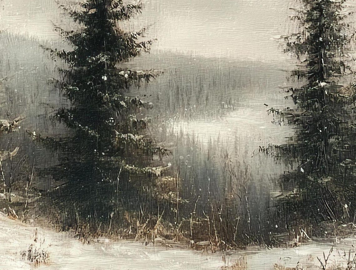 Misty Winter Evergreens Snowy Mountain Valley Landscape Poster - Image 3
