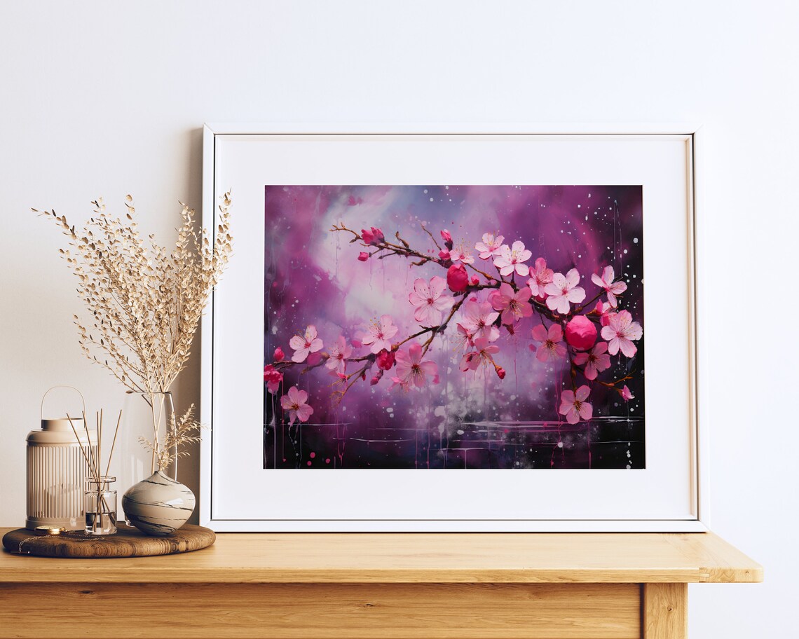 Pink Cherry Blossoms On Dark Magenta Watercolor Floral Art Poster
