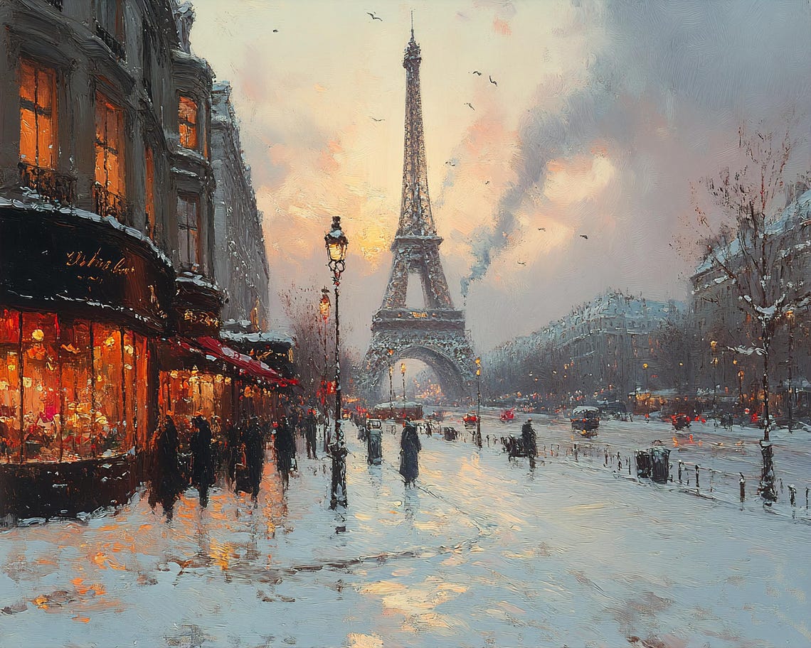 Eiffel Tower Paris Street Cafe Golden Winter Sunset Scene Poster - Image 2