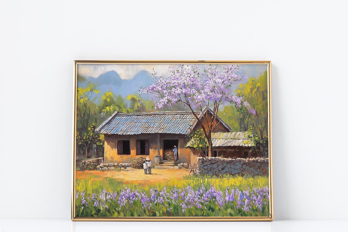 Vietnamese Village Spring Blossoms Farmhouse Oil Painting Poster - Image 3