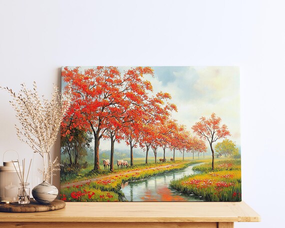 Red Autumn Trees Riverside Landscape Oil Painting Nature Poster
