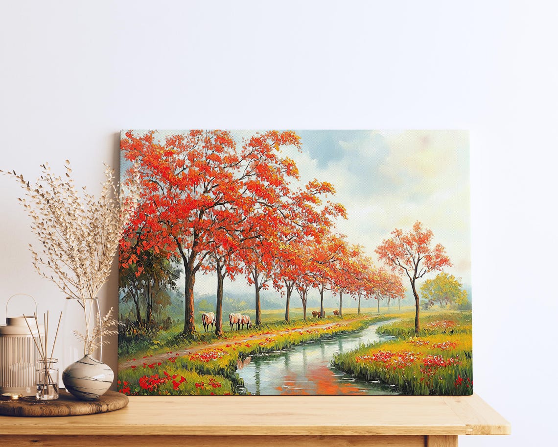 Red Autumn Trees Riverside Landscape Oil Painting Nature Poster