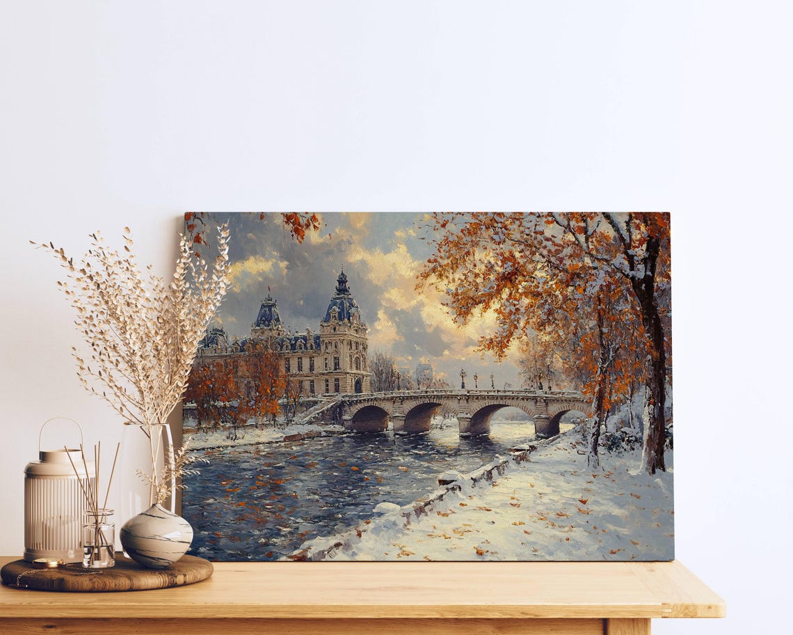 Paris Palace Winter Bridge Snowy Riverbank Impressionist Poster - Image 3