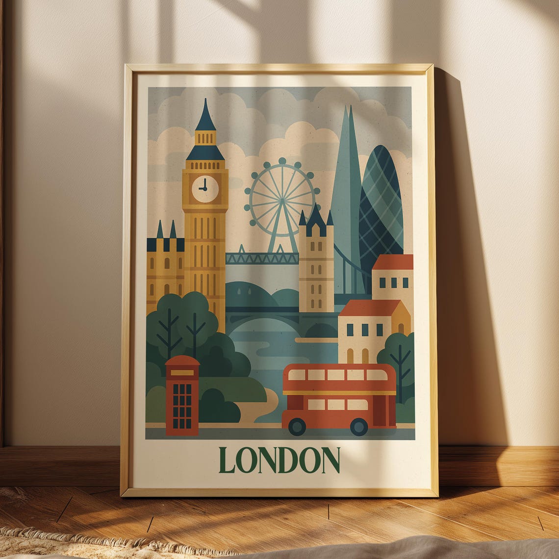 London Travel Poster Big Ben Double Decker Bus Retro England City Art