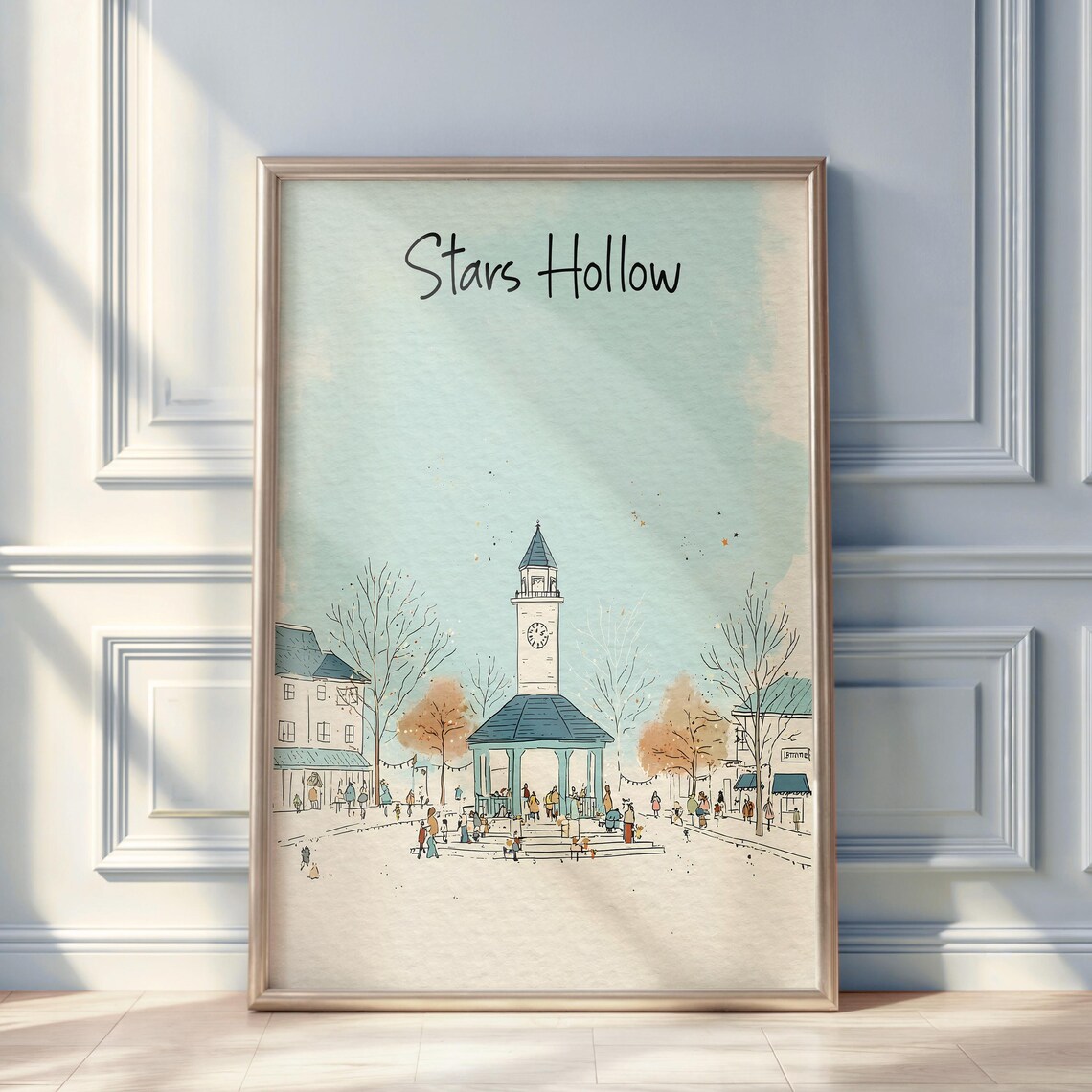 Stars Hollow Watercolor Poster, Cozy New England Town