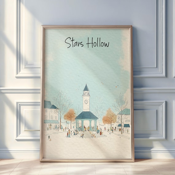 Stars Hollow Watercolor Poster, Cozy New England Town