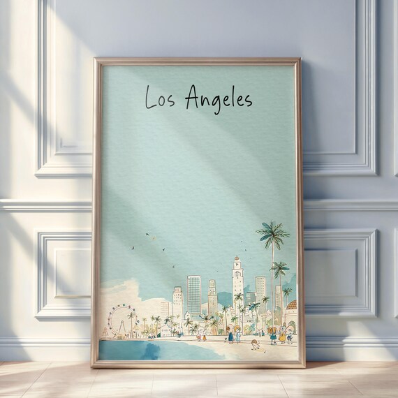 Los Angeles Watercolor Poster Beach Palms Pier Minimal California Art