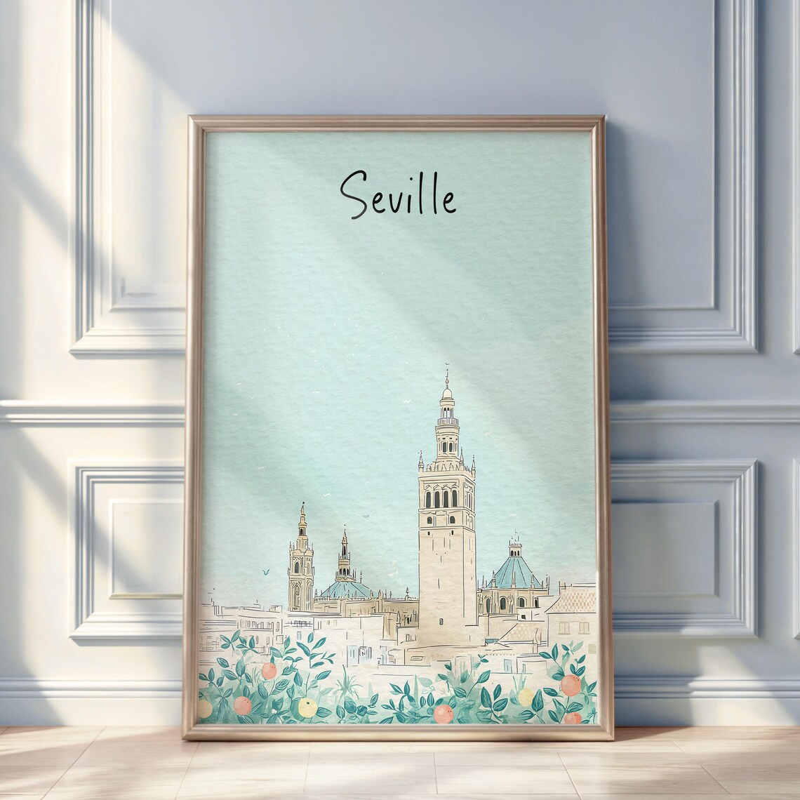 Seville Watercolor Hand Lettered Giralda Tower Orange Trees Spain Poster