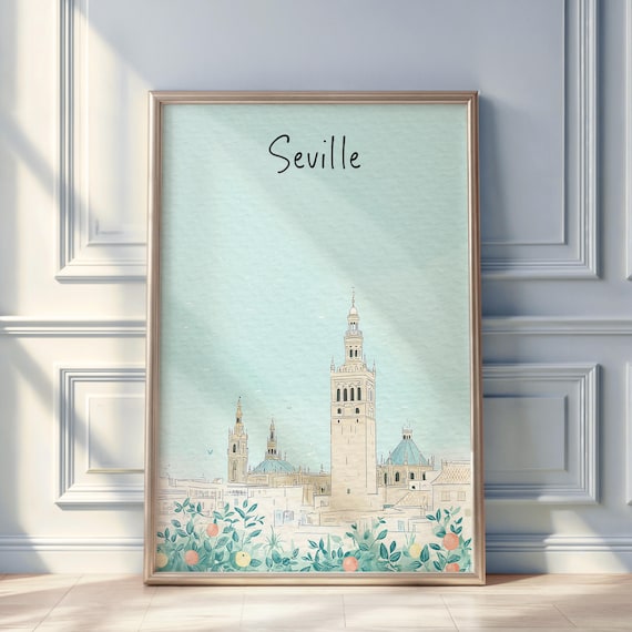 Seville Watercolor Hand Lettered Giralda Tower Orange Trees Spain Poster