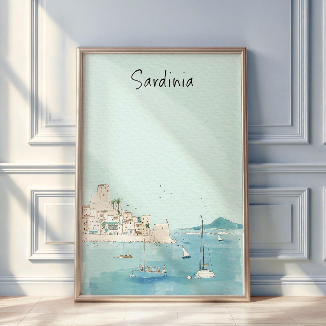 Sardinia Watercolor Coastline Hand Lettered Sailboats Seaside Poster