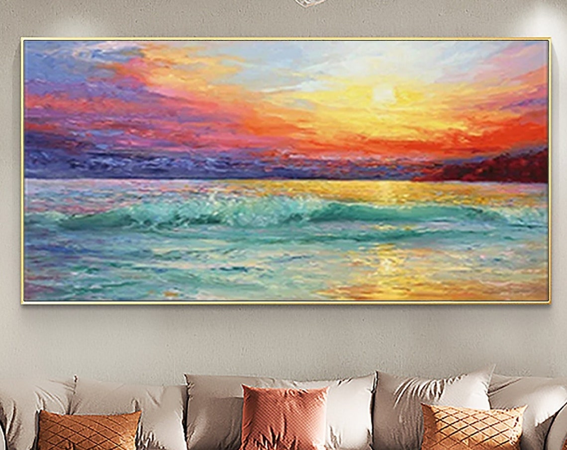 Vibrant Sunset Sky Burning Above Turquoise Ocean Waves Poster
