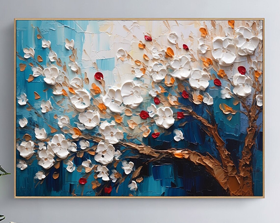 White Blossom Tree Impasto on Deep Blue Night Oil Painting Art Print