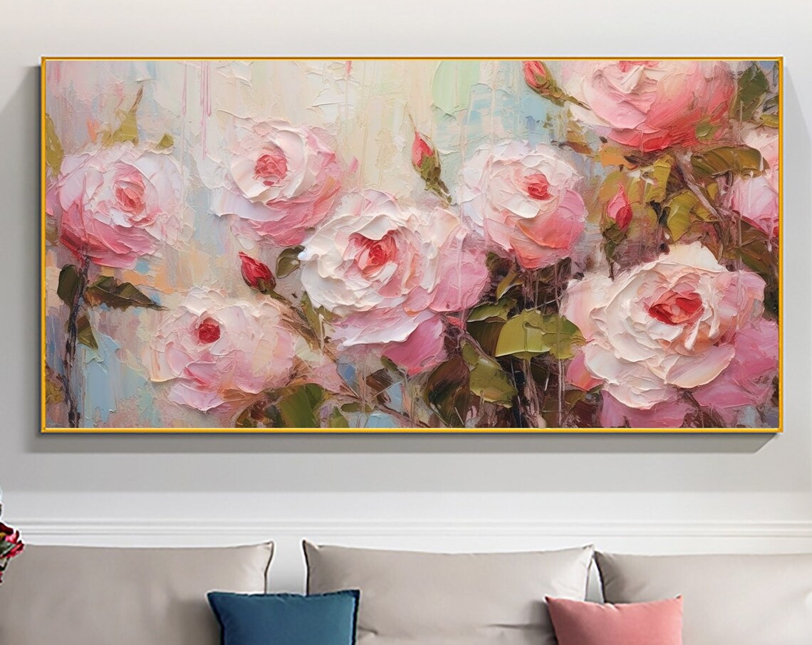 Blush Pink Rose Garden Textured Impasto Floral Oil Painting Poster