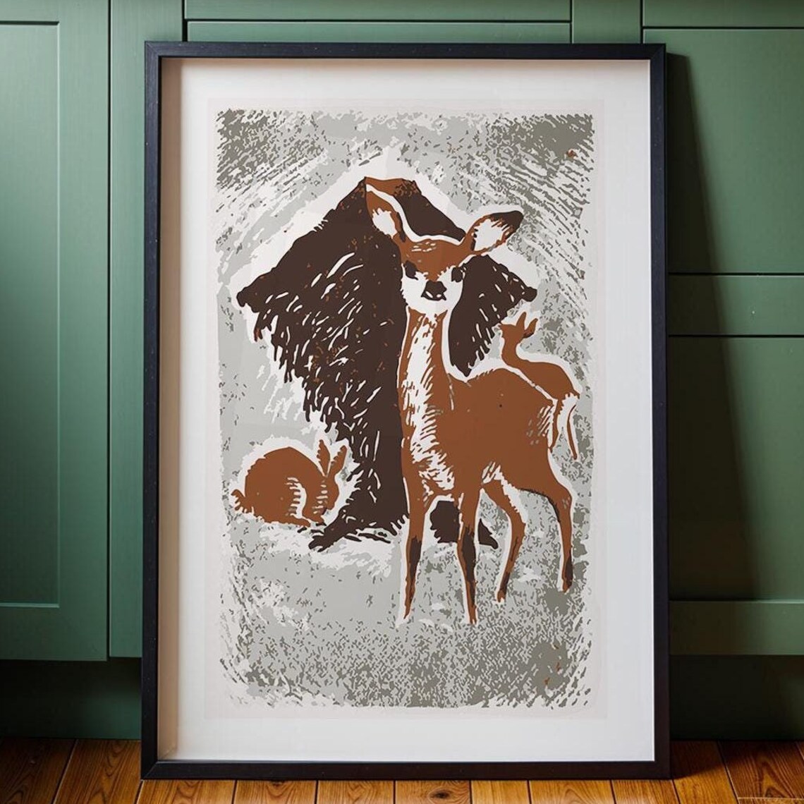 Deer and Rabbit in Snow Woodcut Style Woodland Winter Art Poster