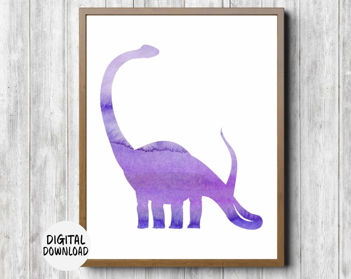 Purple Brontosaurus Watercolor Dinosaur Silhouette Kids Art Poster