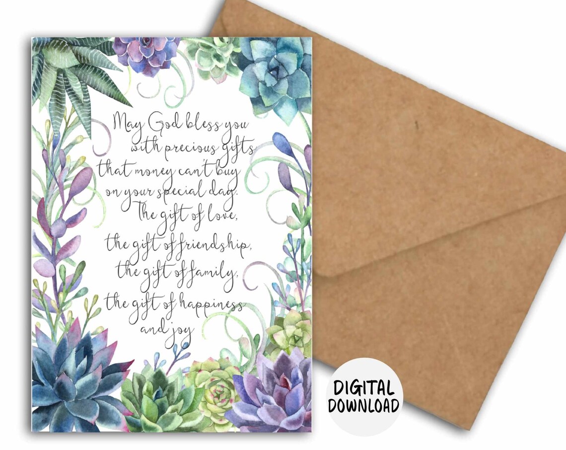 Christian Blessing Card with Watercolor Succulents May God Bless You Poster