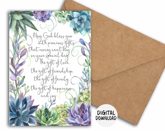 Christian Blessing Card with Watercolor Succulents May God Bless You Poster