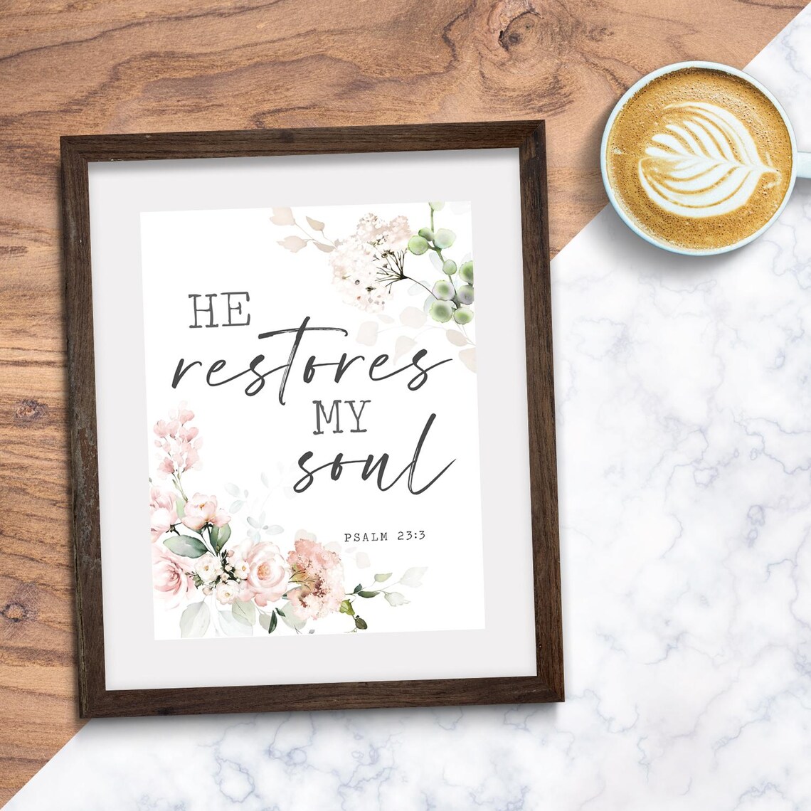 He Restores My Soul Psalm 23 Bible Verse Pink Roses Floral Wall Art - Image 2