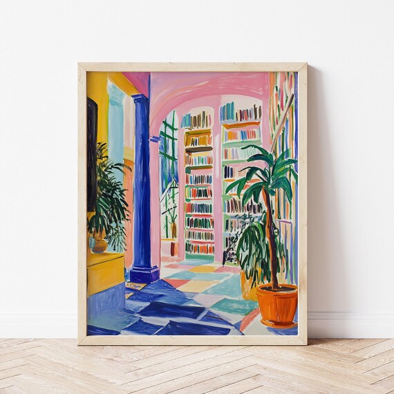 Vibrant Colorful Library Interior Painting In Bold Modern Style Poster