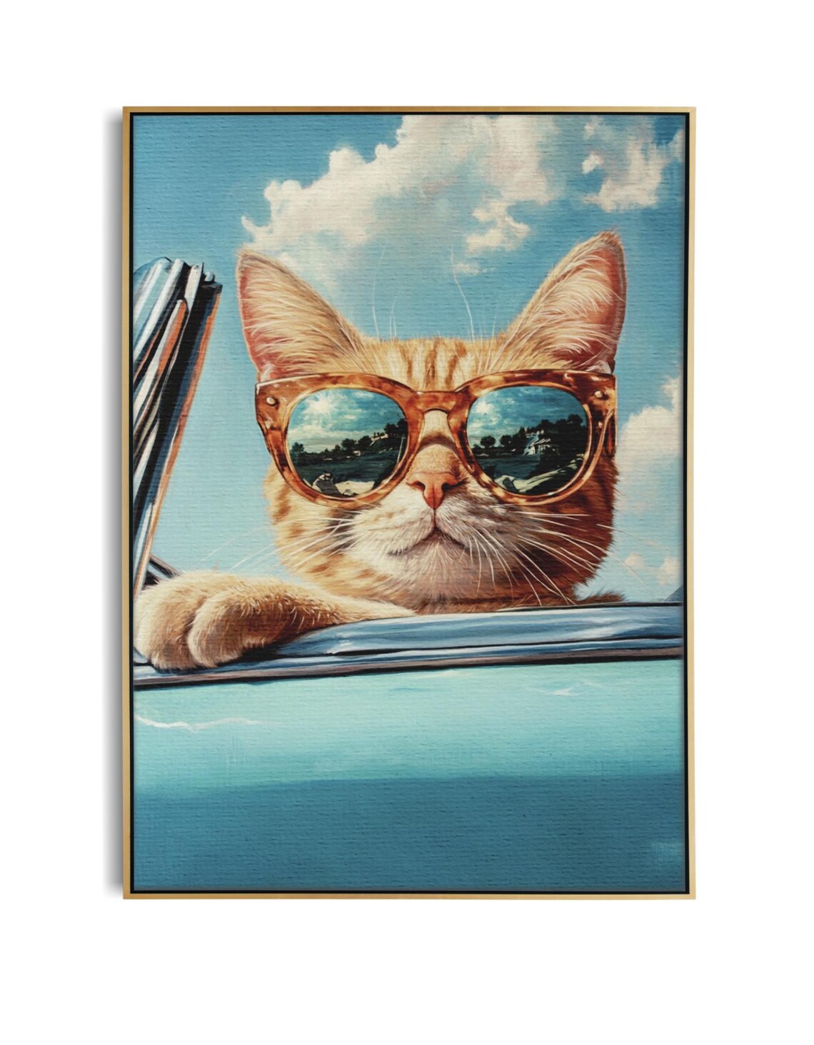 Ginger Cat In Sunglasses Blue Car Window Funny Animal Art Poster