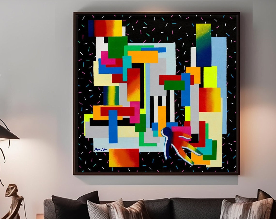 Rainbow Geometric Blocks Confetti Black Abstract Artwork Poster - Image 3