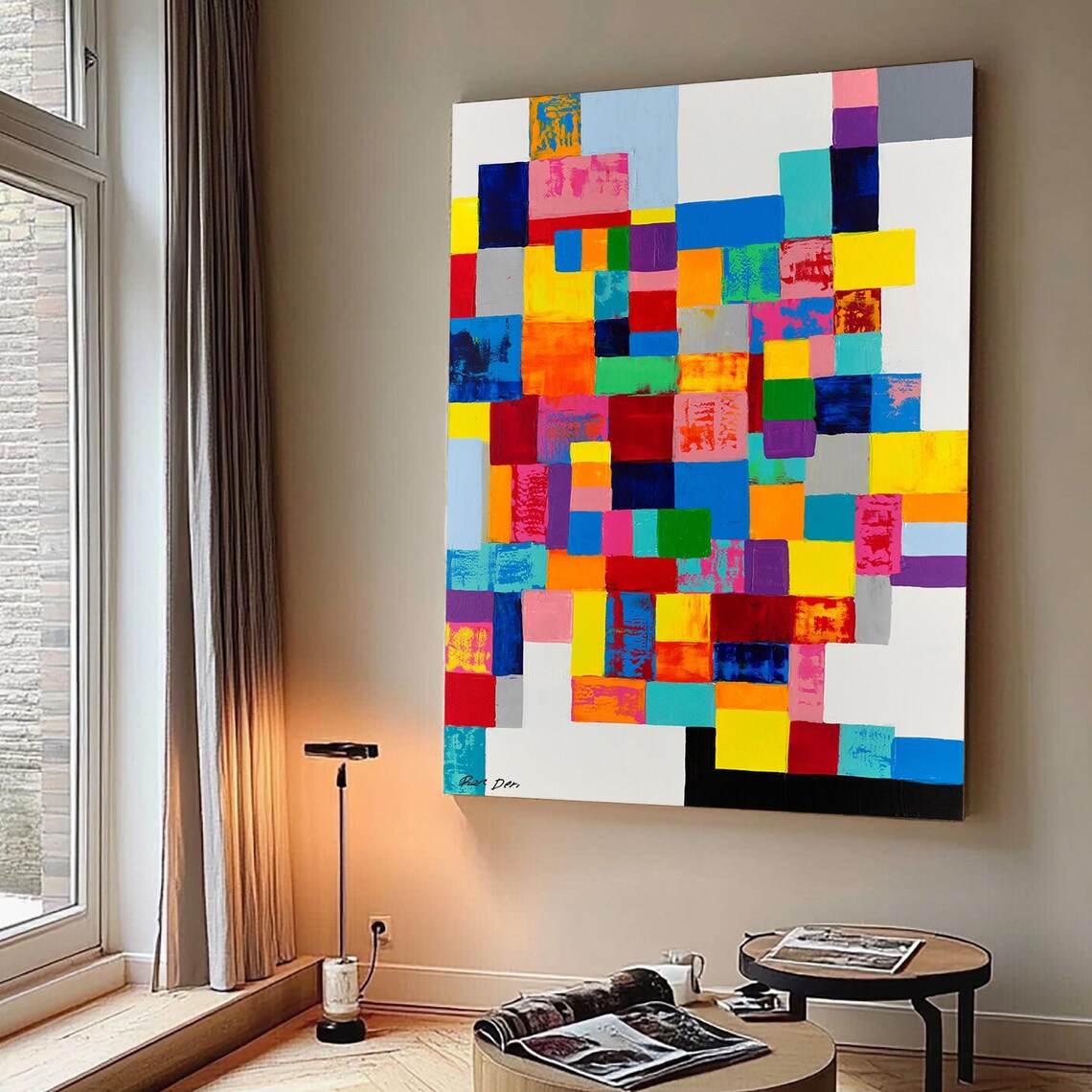 Colorful Mosaic Squares Grid on White Geometric Abstract Poster