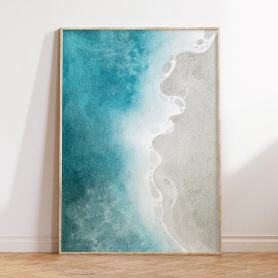 Cool Teal Sea Water Washing Over Quiet Gray Sand Beach Print