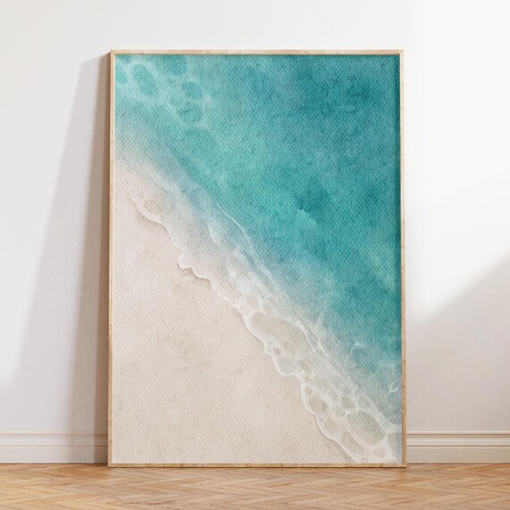 Aerial Turquoise Shoreline White Foam Waves Sandy Beach Watercolor Poster