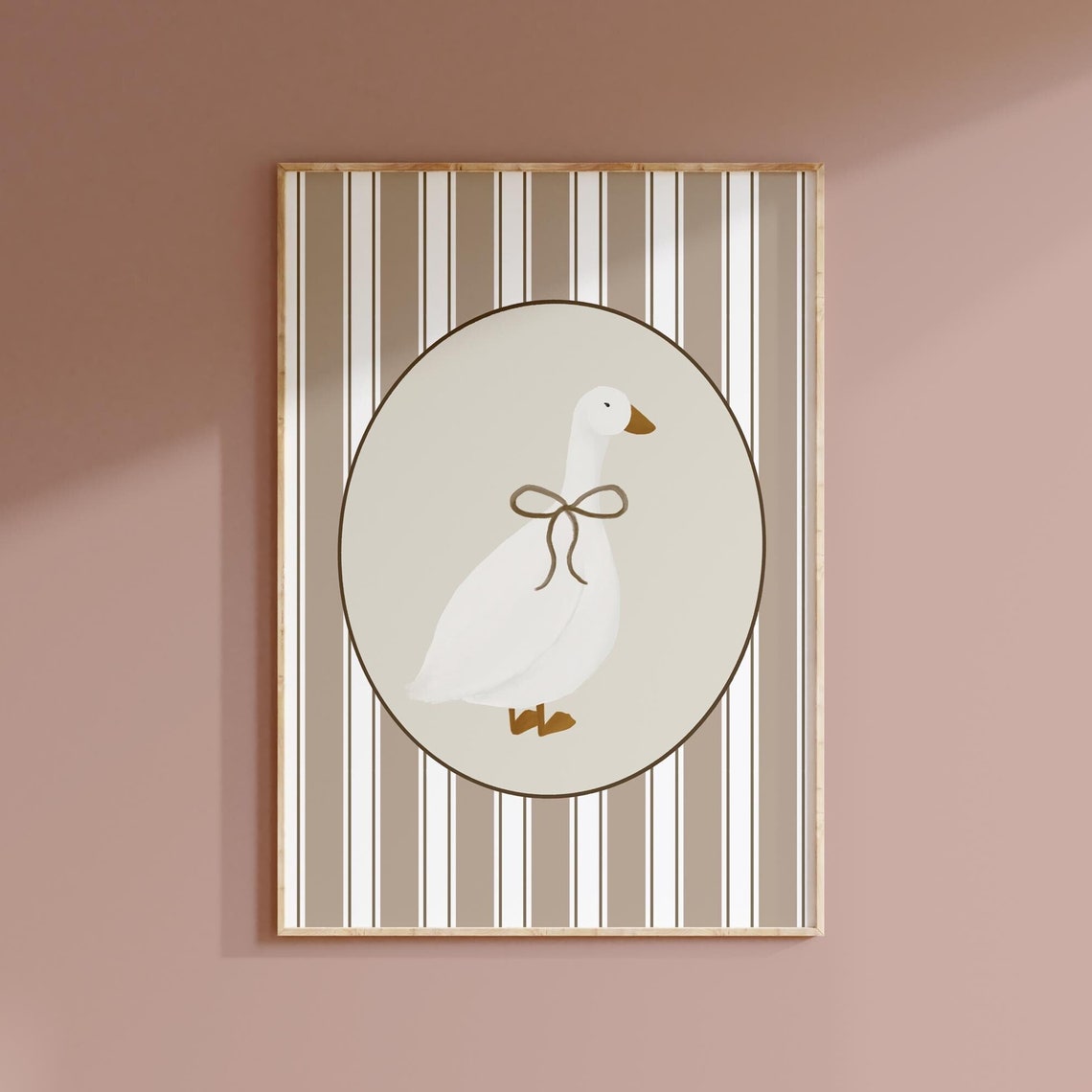 Cute Goose Nursery Print with Brown Bow and Striped Background Design