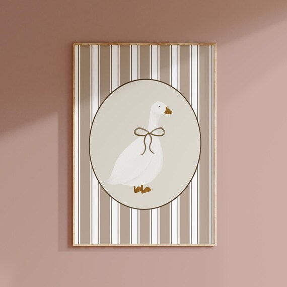 Cute Goose Nursery Print with Brown Bow and Striped Background Design
