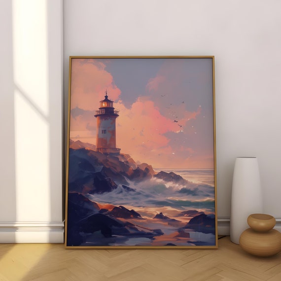 Lighthouse Poster Coastal Art Print Anime Style Vertical Wall Decor Sunset Seascape Picture Matte Print Ocean Artwork Pastel Clouds