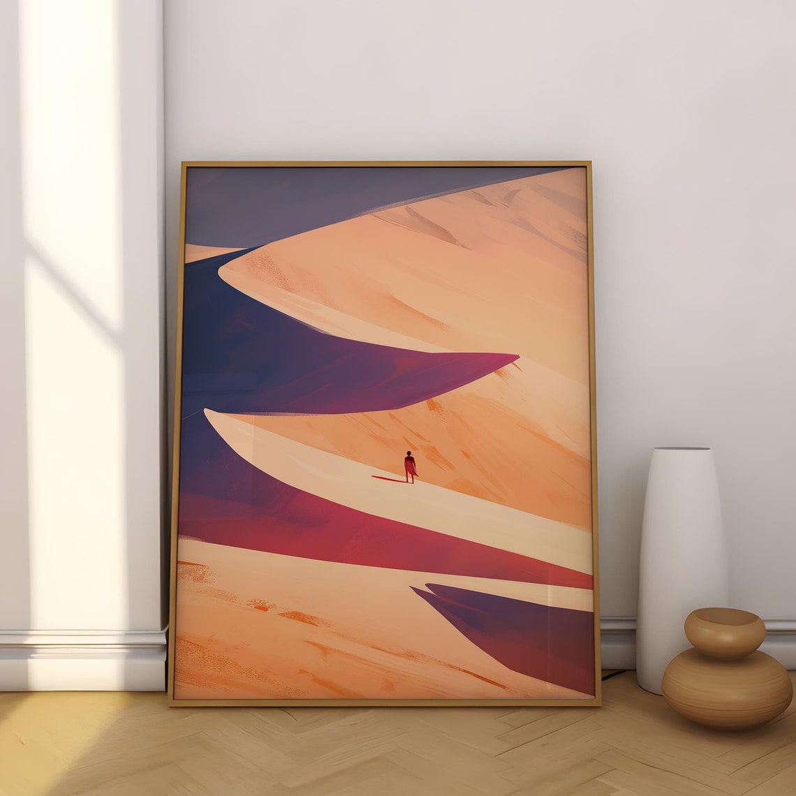 Lone Figure Abstract Desert Dunes Flow Warm Minimal Art Poster