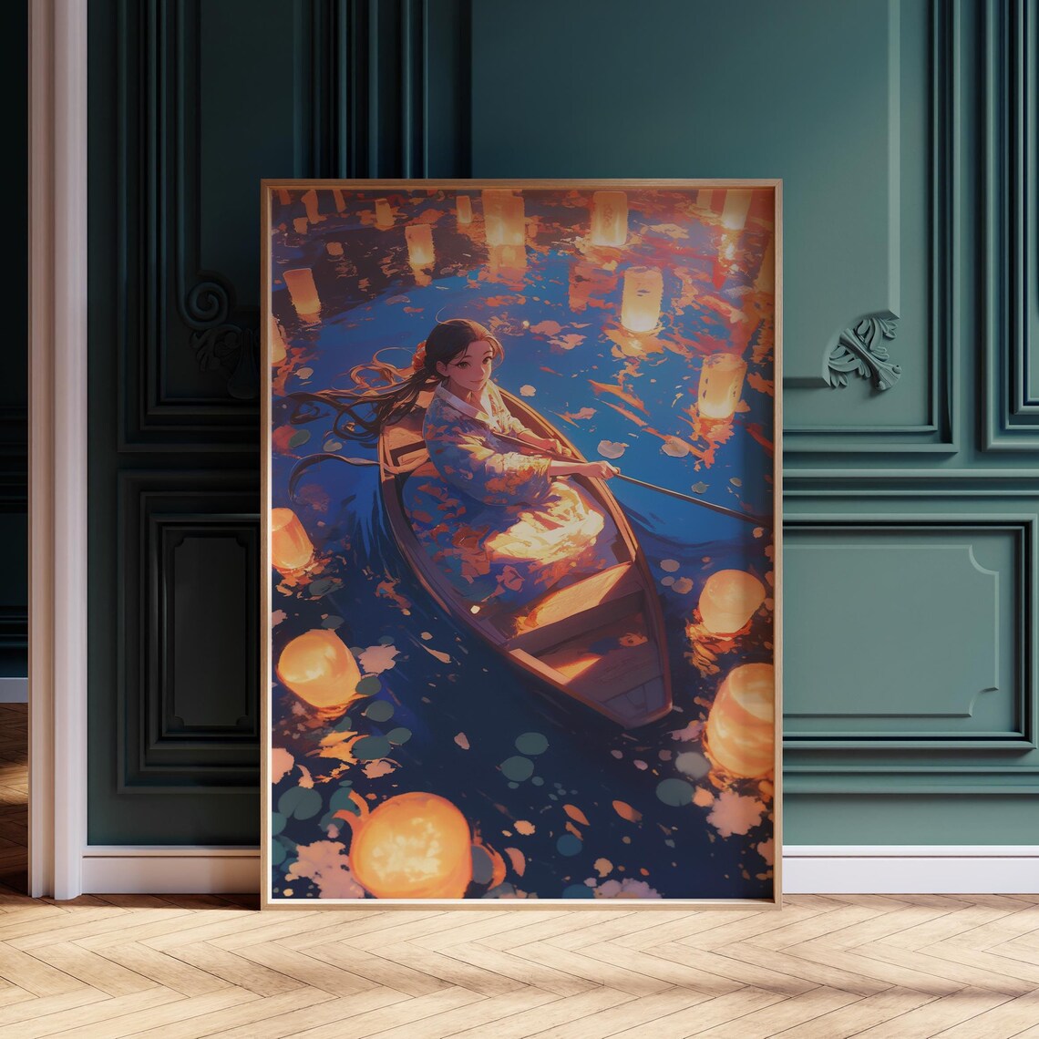 Japanese Kimono Girl Rowing Boat Floating Lanterns Night Water Poster