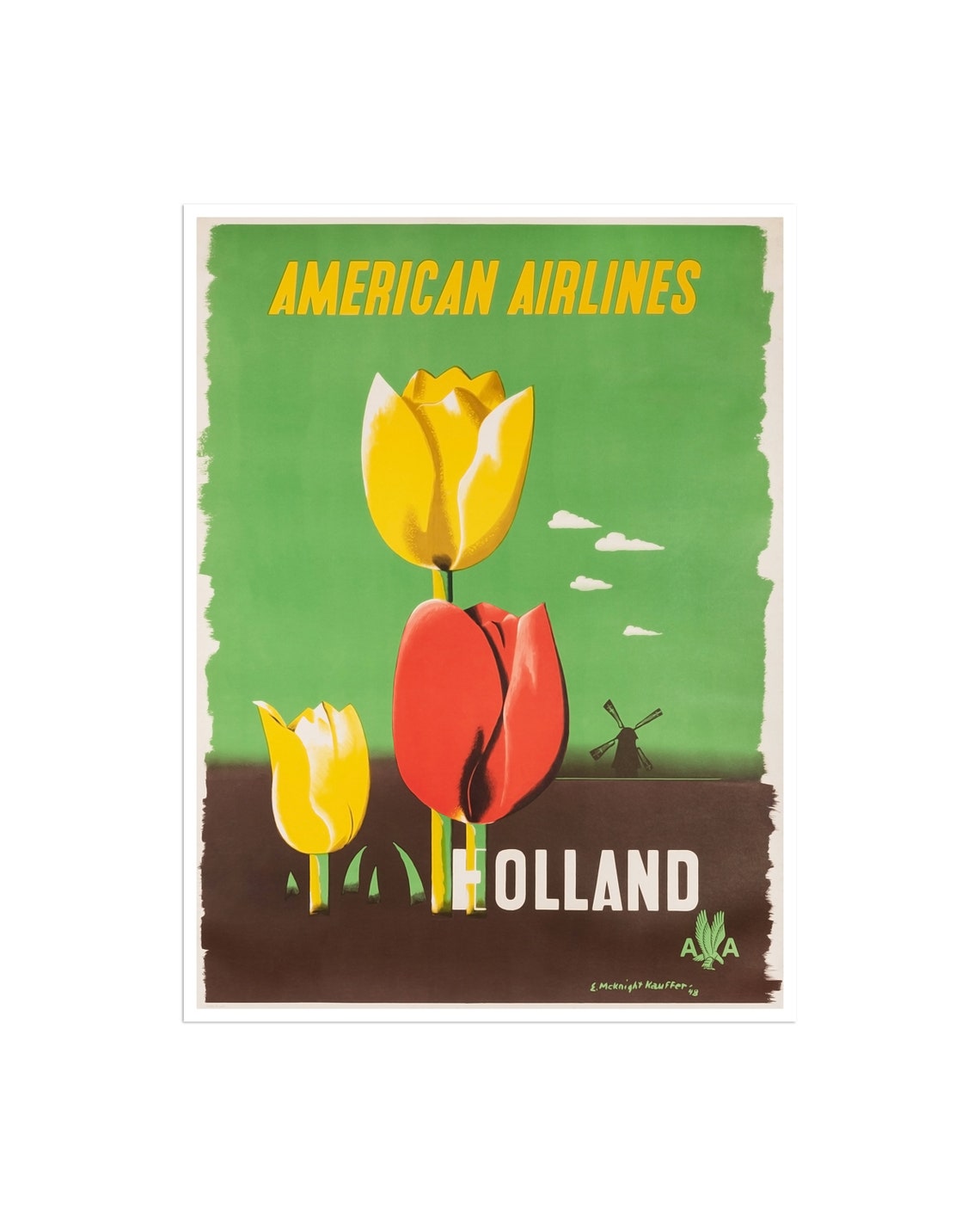 Holland Tulips Windmill American Airlines Vintage Travel Poster