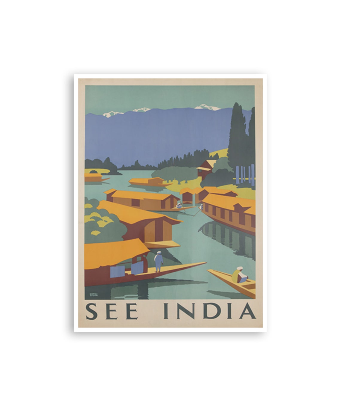 See India Dal Lake Houseboats Himalayas Vintage Travel Poster