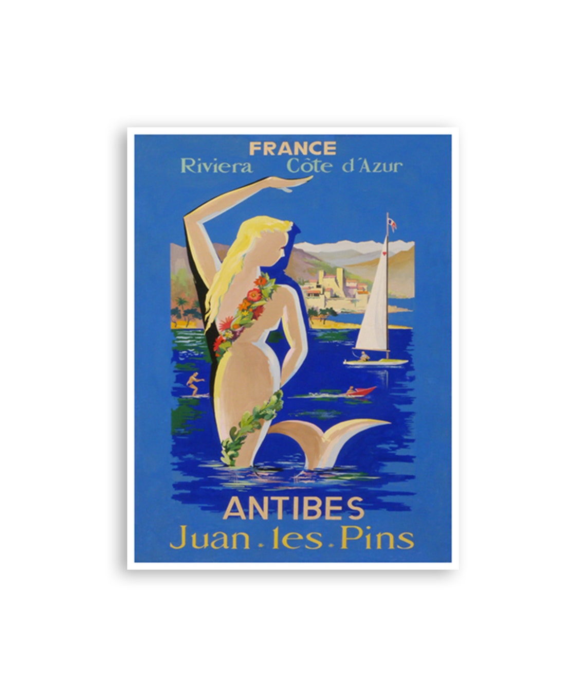 Antibes Juan Les Pins France Poster Mermaid Riviera Coast Vintage