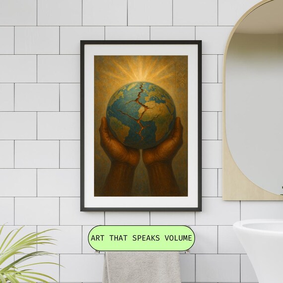 Hands Holding The World Cracked Earth Healing Oil Painting Poster