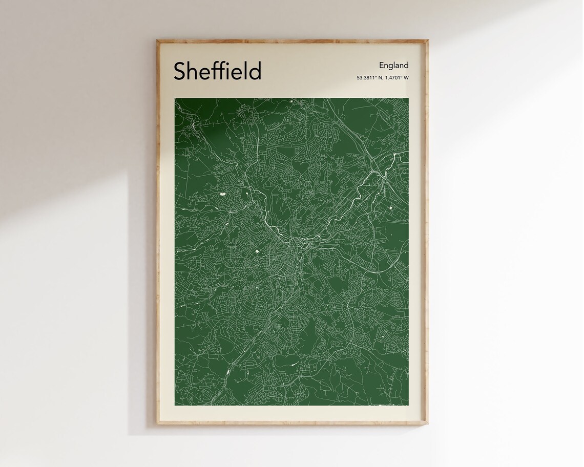 Sheffield England Forest Green Detailed City Street Map Poster