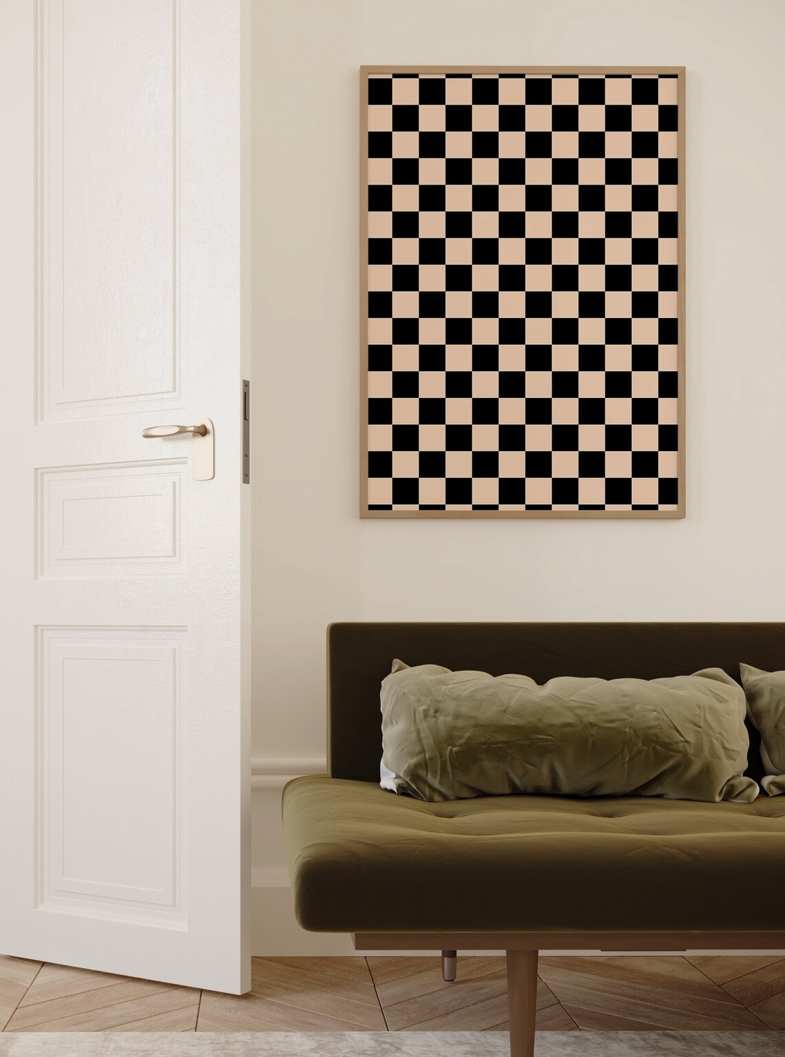 Black Cream Checkered Retro Mid-Century Art Print - Image 2