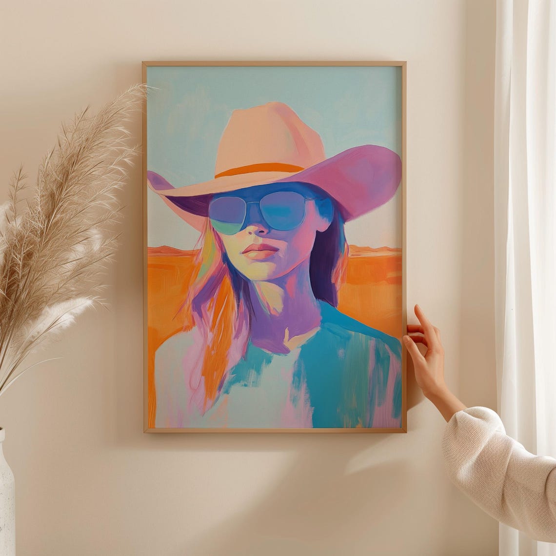 Colorful Cowgirl Portrait Sunglasses Hat Abstract Western Poster - Image 3