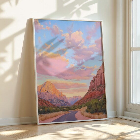 Pink Desert Sunrise Painting Print Desert Landscape Print Trendy Western Prints Desert Highway Print W28