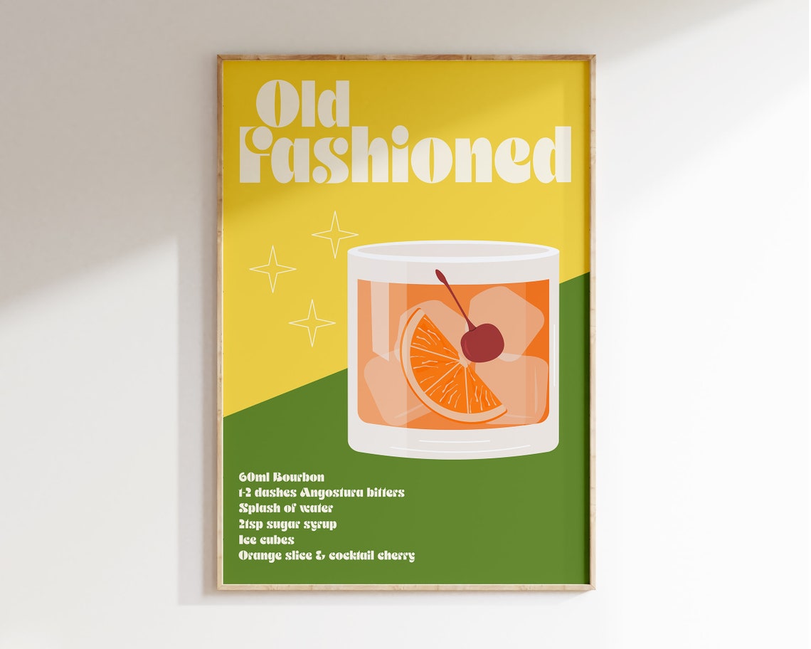 Old Fashioned Cocktail Recipe Retro Bar Cart Decor Art Poster
