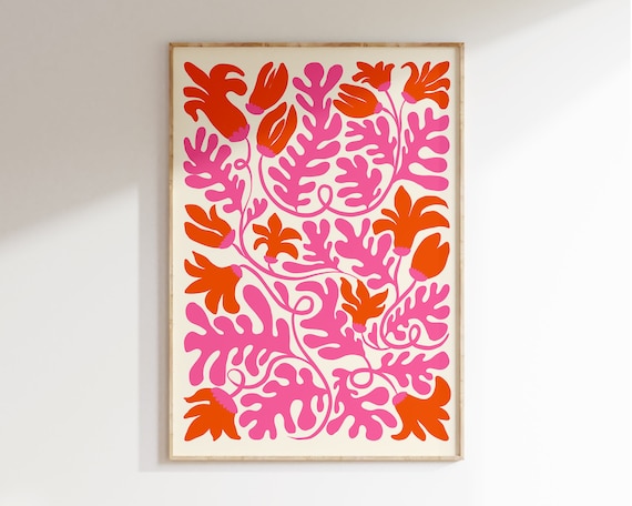 Pink Orange Matisse Inspired Cut Out Flower Abstract Botanical Poster