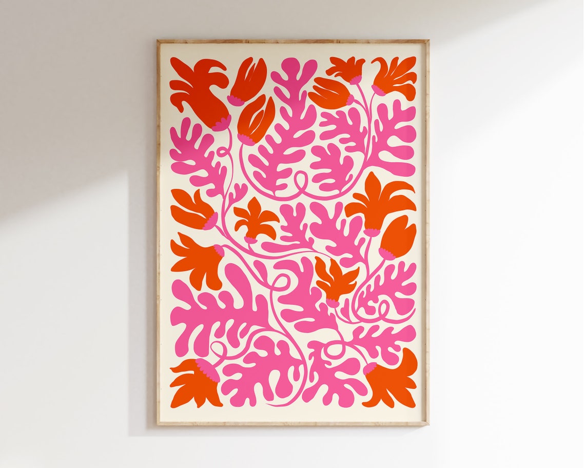 Pink Orange Matisse Inspired Cut Out Flower Abstract Botanical Poster