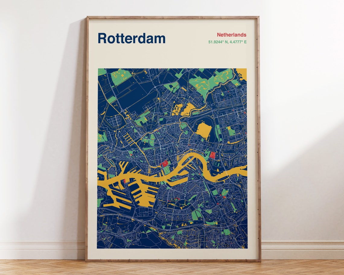 Rotterdam Netherlands Colorful City Map Navy Blue Travel Poster