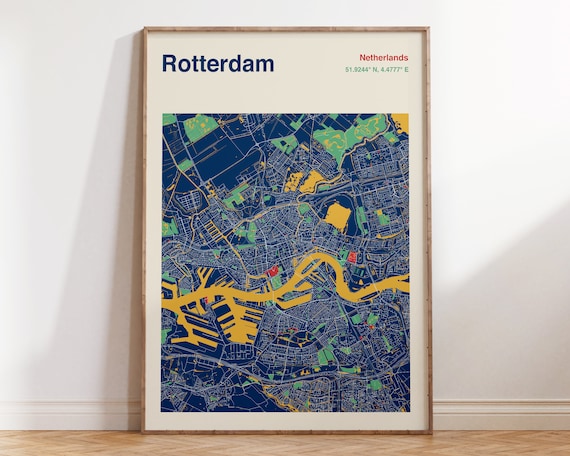 Rotterdam Netherlands Colorful City Map Navy Blue Travel Poster