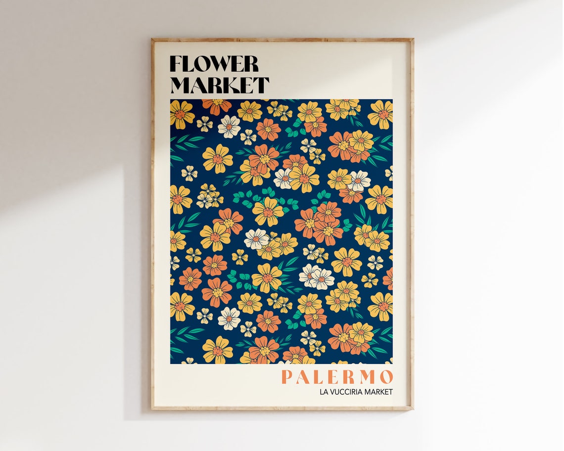 Palermo Flower Market Art Print Colourful Flower Market Palermo Sicily Flower Market Wall Art Blue Orange Flower Market Poster F134
