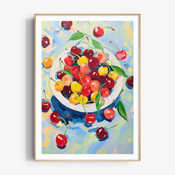 Bowl of Colorful Cherries Impressionist Fruit Still Life Poster