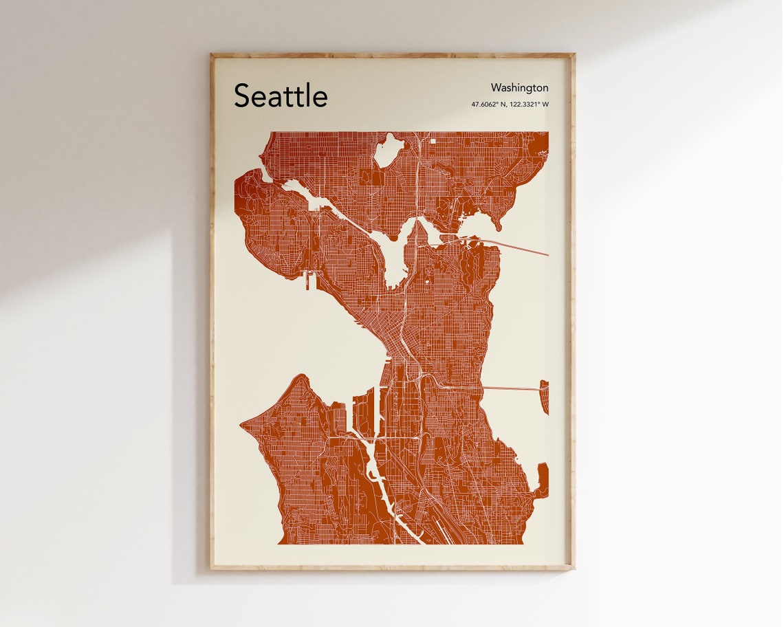 Seattle Washington Rust Red Minimalist City Map Decor Poster